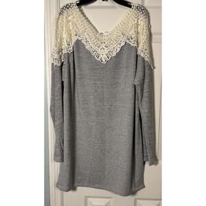 Mega or Gray Long Sleeve Sweater With Ivory Lace/Crochet Detail, XL